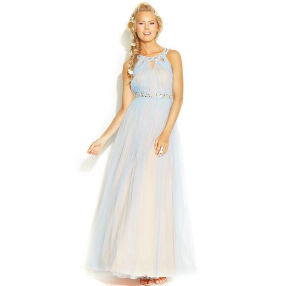 City Triangles Nude and sky blue jeweled halter top maxi Prom Dress. Size 17 - Picture 3 of 11